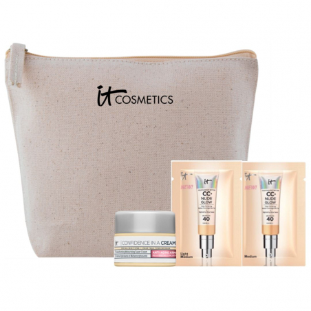 TROUSSE DE TOILETTE BEIGE AVEC ÉCHANTILLONS IT COSMÉTICS