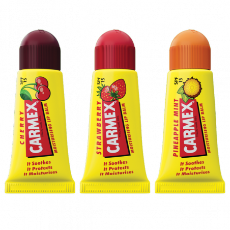 CARMEX TRIPLO MINIS BÃLSAMO LABIALES FRESA CEREZA Y PIÃ‘A